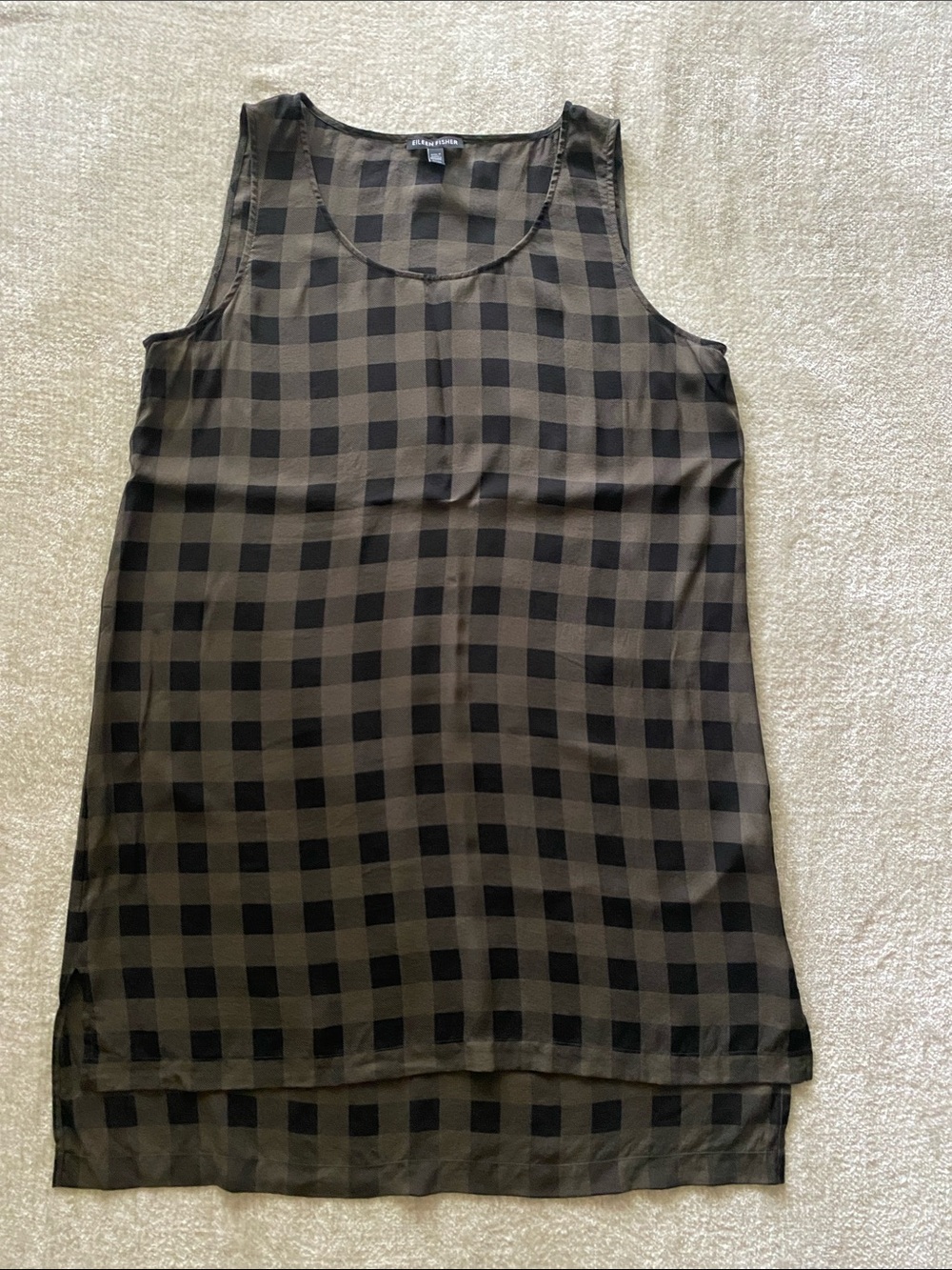 Eileen Fisher Sleeveless Olive and Black Plaid 100% Silk Tunic Top